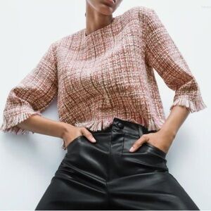 Zara Pink Bouclé Tweed Crop Top Womens Small Frayed Hem Designer Inspired Style